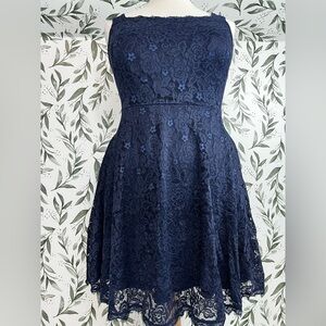 Elegant Navy Lace Vintage Retro Style Midi Mini Dress Sz XL Cocktail Party #8